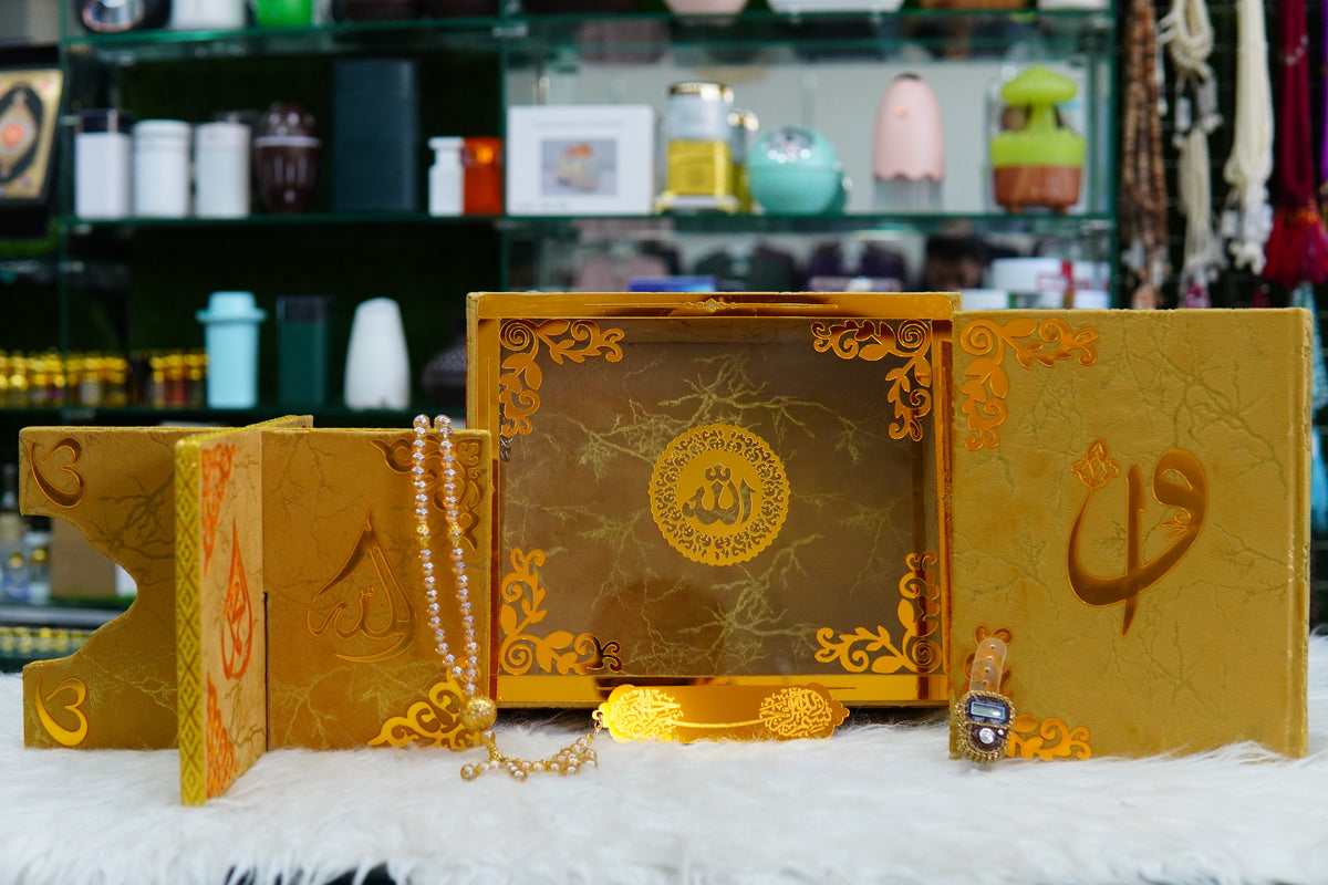 Golden Texture Acrylic Quran Pak Set with Jaynamaz
