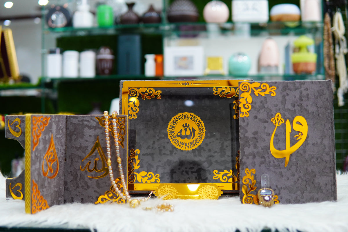Grey Acrylic Quran Pak Set with Jaynamaz