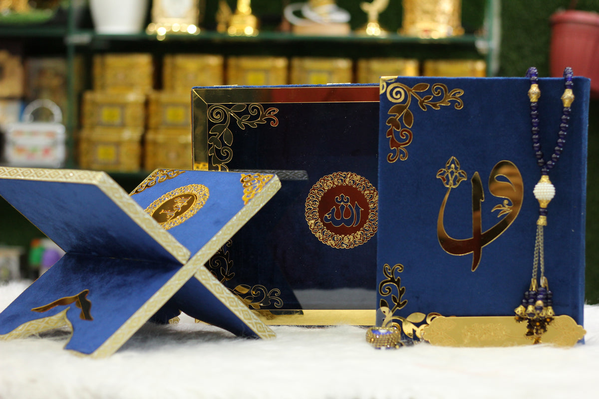 Blue Acrylic Box Quran Pak with Rehal, Tasbih, and Counter