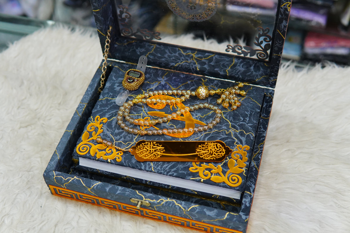 Grey Texture Acrylic Quran Pak Set with Jaynamaz