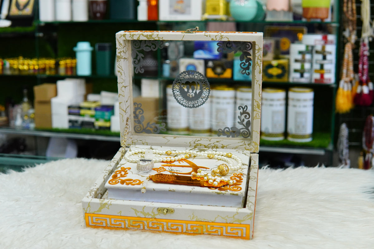 White Texture Acrylic Quran Pak Set with Jaynamaz