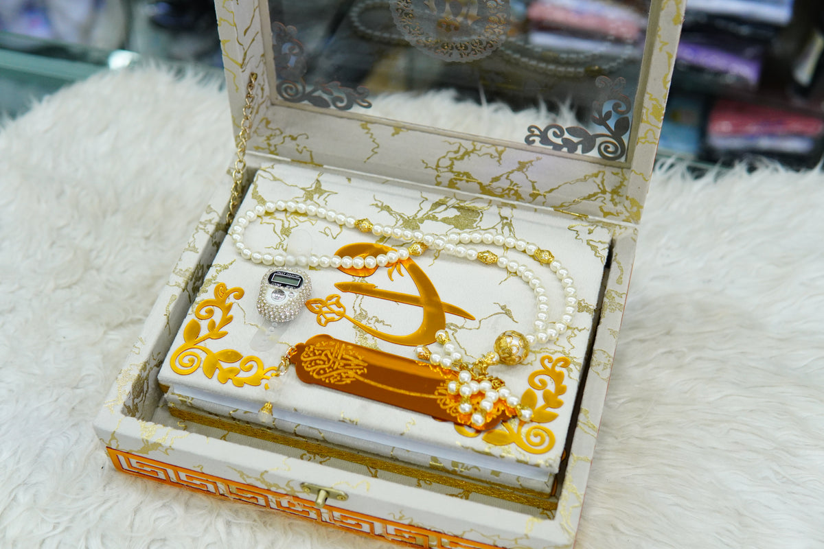 White Texture Acrylic Quran Pak Set with Jaynamaz
