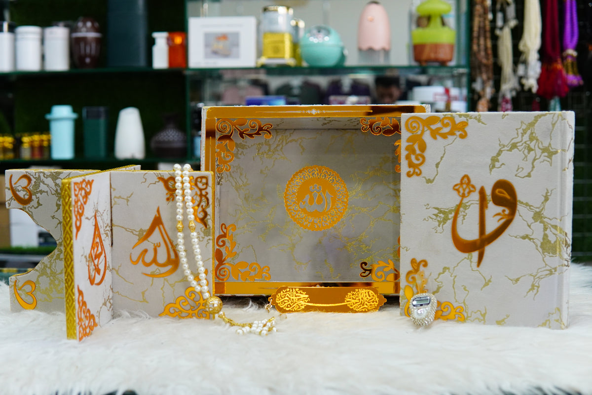 White Texture Acrylic Quran Pak Set with Jaynamaz
