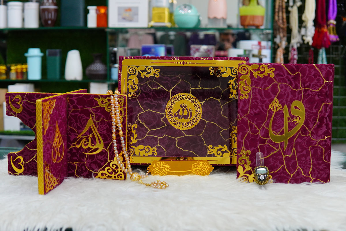 Mehroon Texture Acrylic Quran Pak Set with Jaynamaz