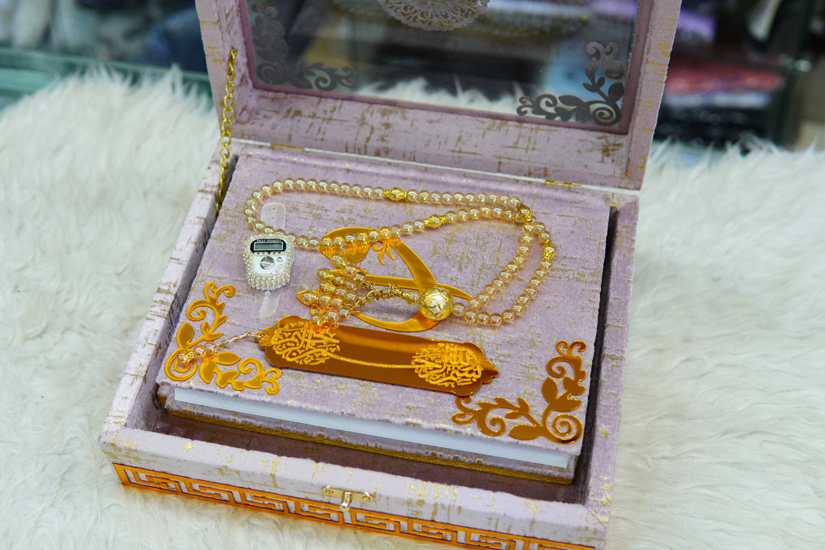 Pink Texture Acrylic Quran Pak Set with Jaynamaz