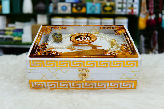 White Texture Acrylic Golden Lines Quran Pak Set with Jaynamaz