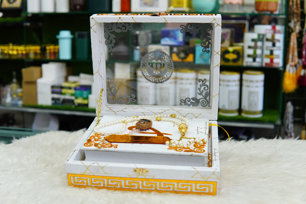 White Texture Acrylic Golden Lines Quran Pak Set with Jaynamaz