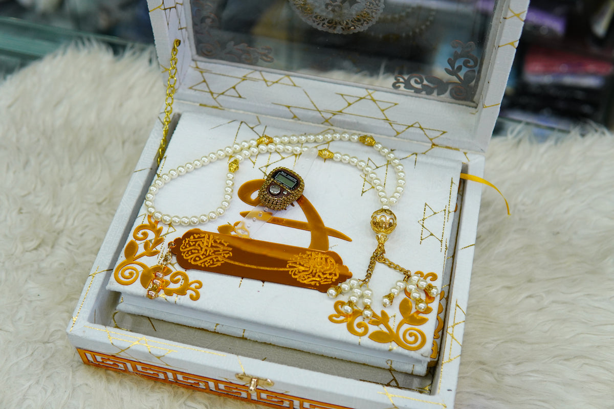 White Texture Acrylic Golden Lines Quran Pak Set with Jaynamaz
