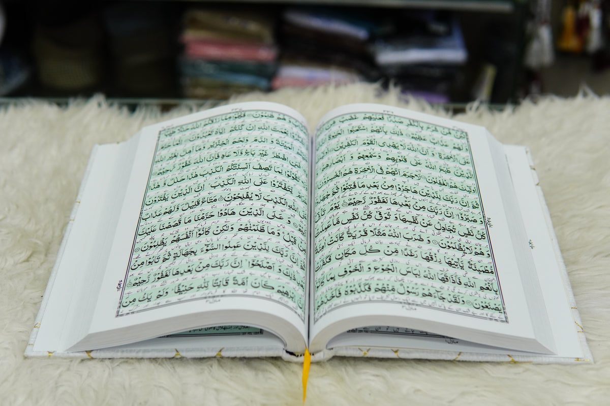 White Texture Acrylic Golden Lines Quran Pak Set with Jaynamaz
