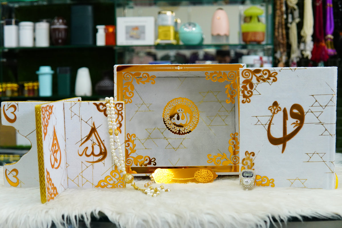 White Texture Acrylic Golden Lines Quran Pak Set with Jaynamaz