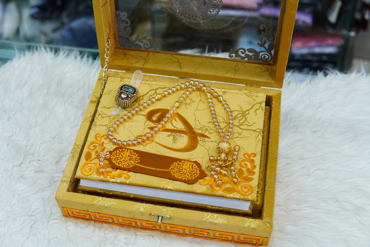 Golden Texture Acrylic Quran Pak Set with Jaynamaz