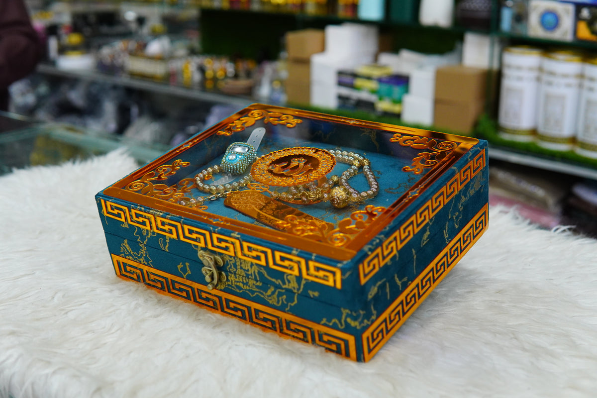 Blue Texture Acrylic Golden Lines Quran Pak Set with Jaynamaz