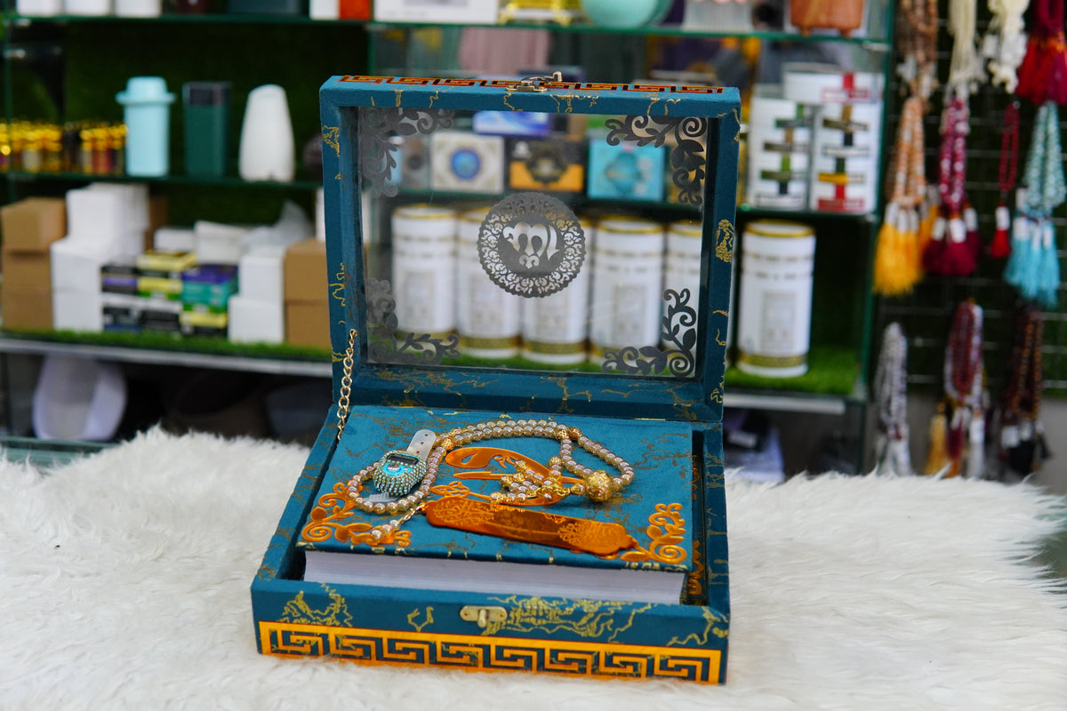 Blue Texture Acrylic Golden Lines Quran Pak Set with Jaynamaz