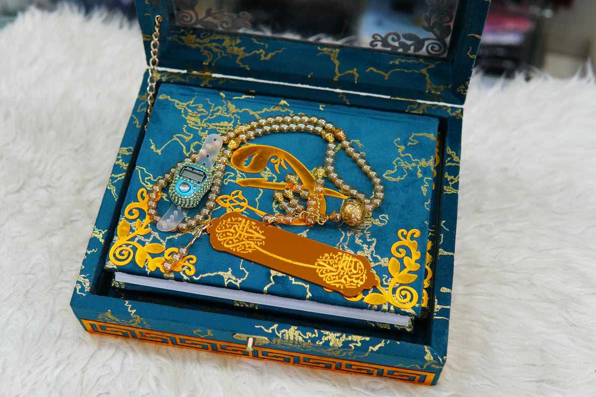 Blue Texture Acrylic Golden Lines Quran Pak Set with Jaynamaz