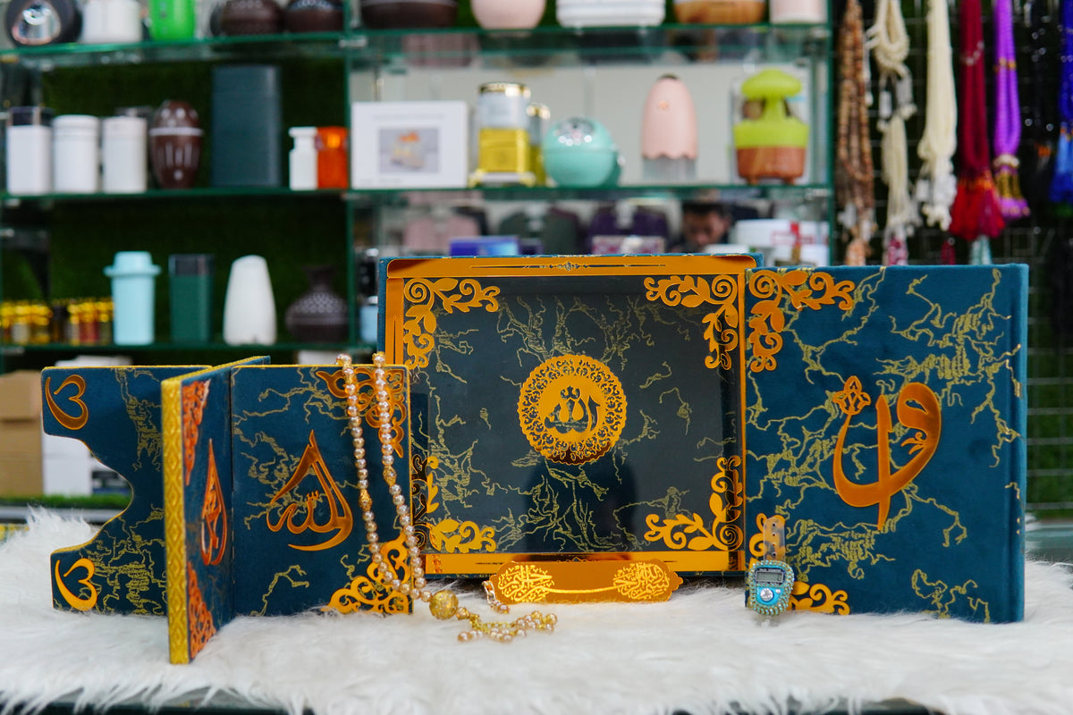 Blue Texture Acrylic Golden Lines Quran Pak Set with Jaynamaz