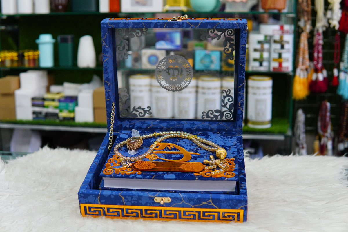 Blue Texture Acrylic Quran Pak Set with Jaynamaz