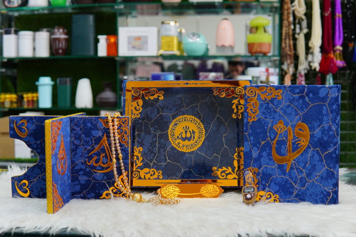 Blue Texture Acrylic Quran Pak Set with Jaynamaz