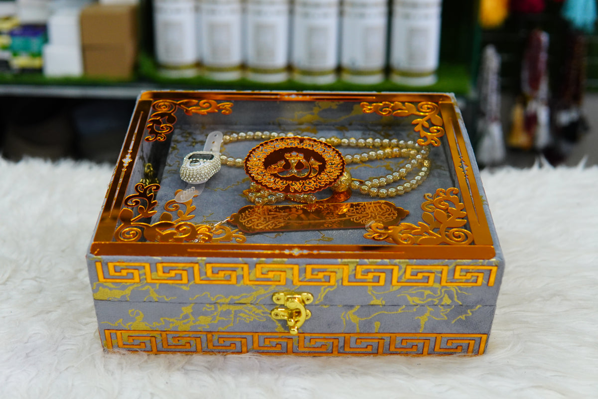 Grey Texture Acrylic Golden Lines Quran Pak Set with Jaynamaz
