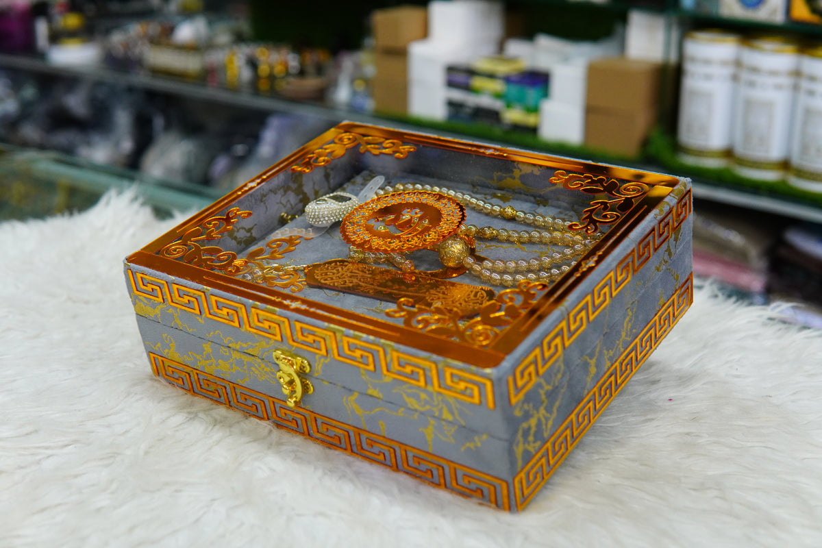 Grey Texture Acrylic Golden Lines Quran Pak Set with Jaynamaz