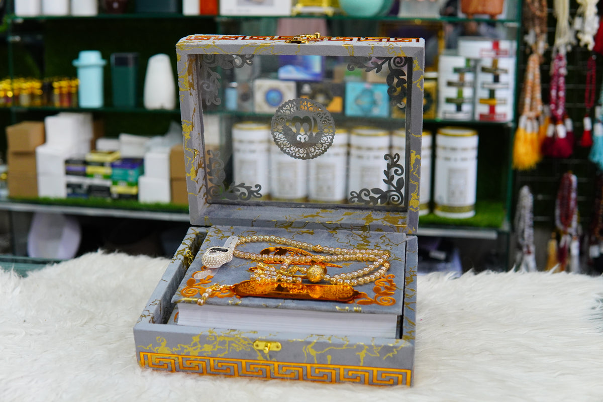 Grey Texture Acrylic Golden Lines Quran Pak Set with Jaynamaz
