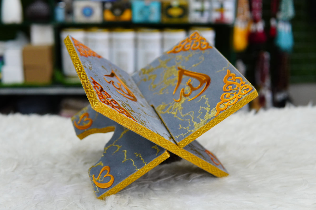 Grey Texture Acrylic Golden Lines Quran Pak Set with Jaynamaz
