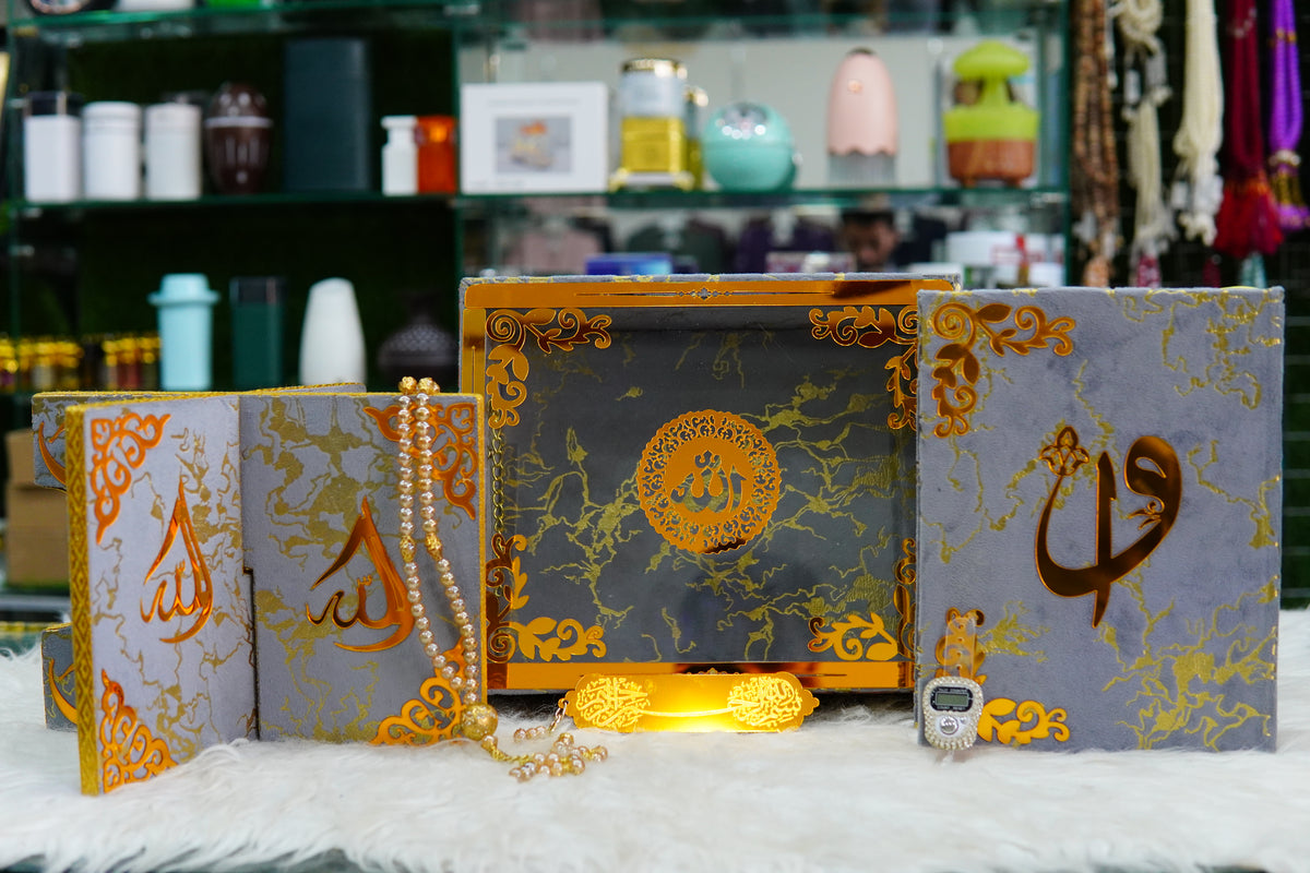 Grey Texture Acrylic Golden Lines Quran Pak Set with Jaynamaz