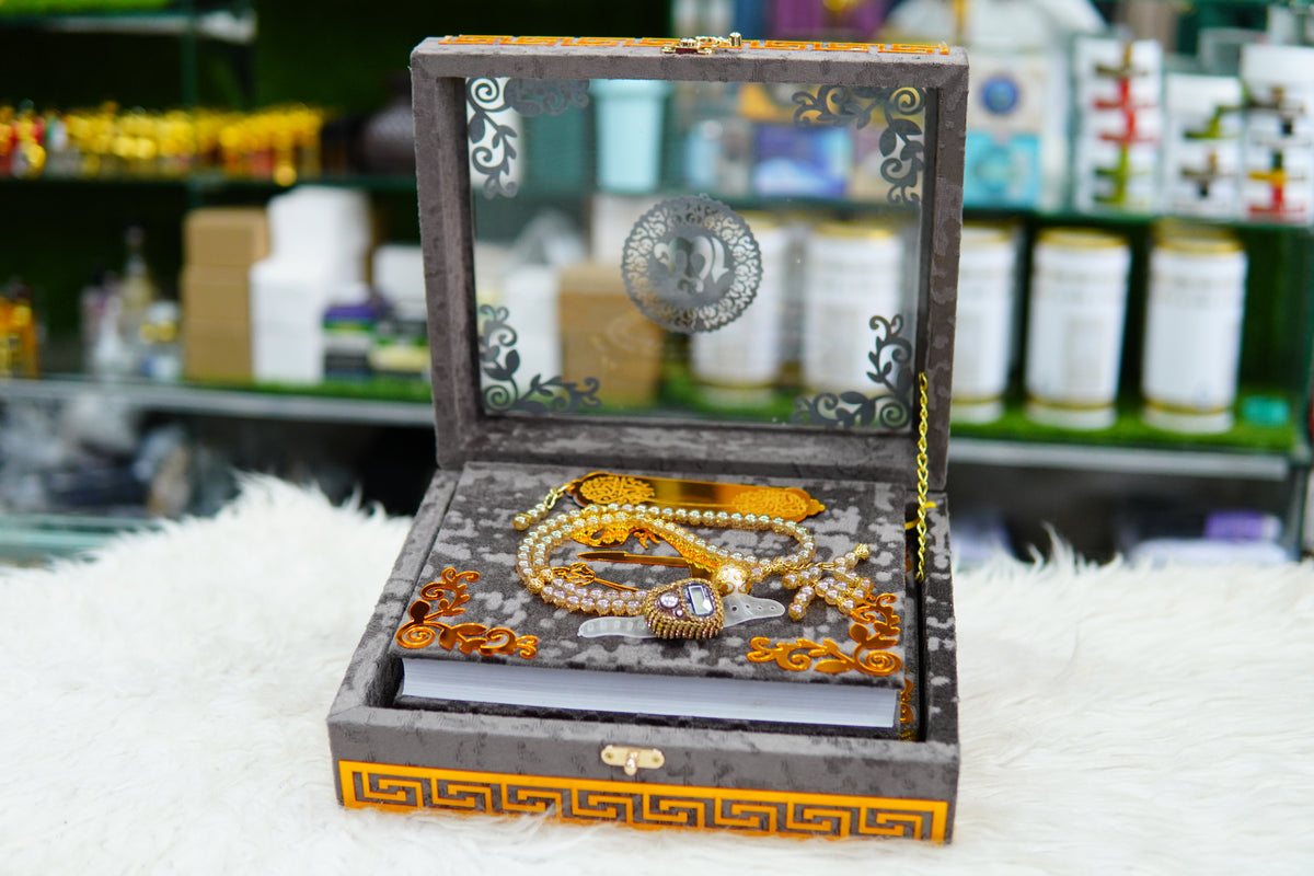 Grey Acrylic Quran Pak Set with Jaynamaz