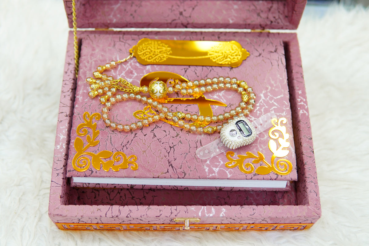 Pink texture Acrylic Quran Pak Set with Jaynamaz