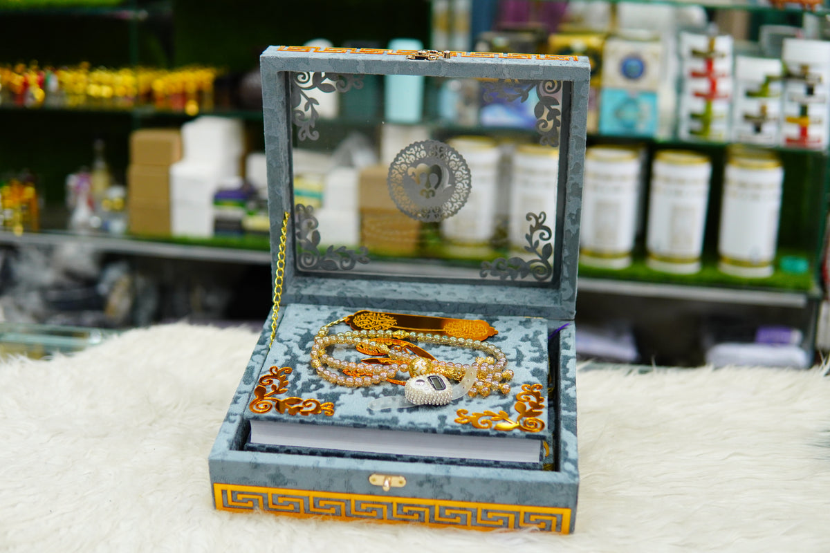 Grey Acrylic Quran Pak Set with Jaynamaz