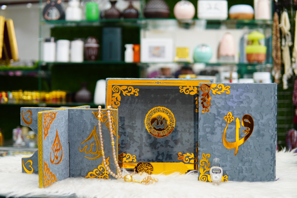 Grey Acrylic Quran Pak Set with Jaynamaz
