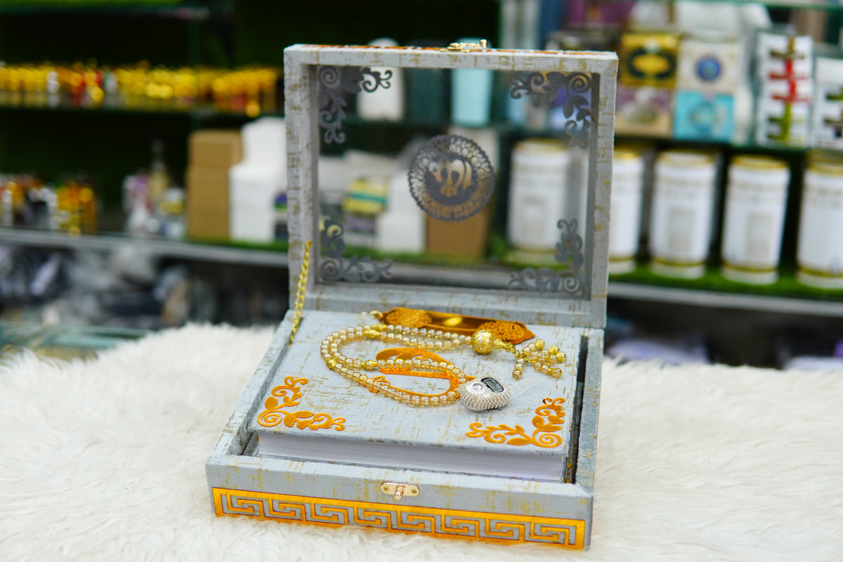 Grey Texture Acrylic Quran Pak Set with Jaynamaz