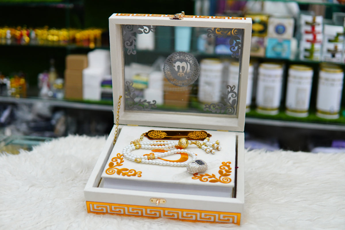 White Acrylic Quran Pak Set with Jaynamaz