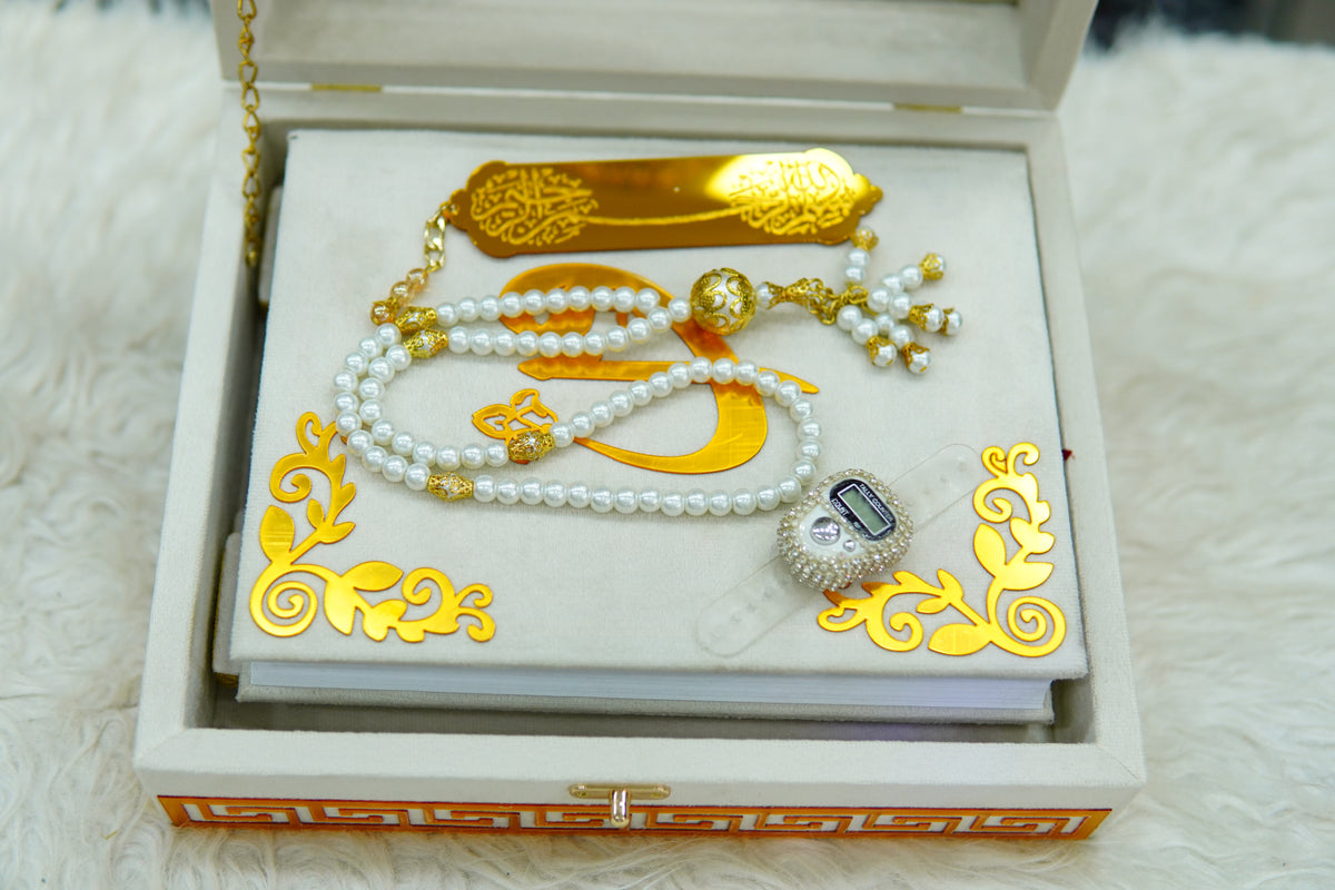 White Acrylic Quran Pak Set with Jaynamaz