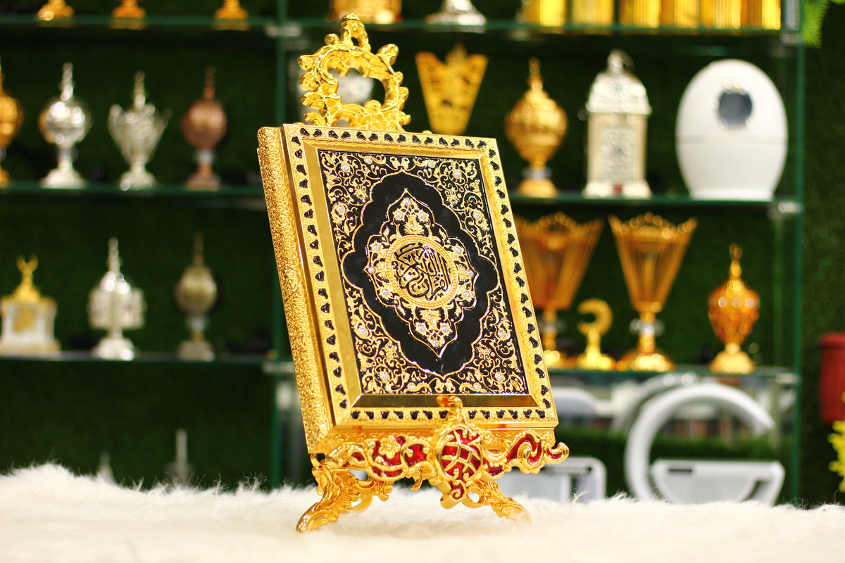 Golden Quran with Metal Calligraphy Box and Metal Stand - Luxury Edition
