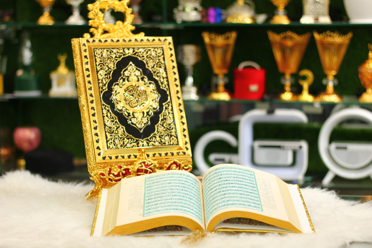 Golden Quran with Metal Calligraphy Box and Metal Stand - Luxury Edition
