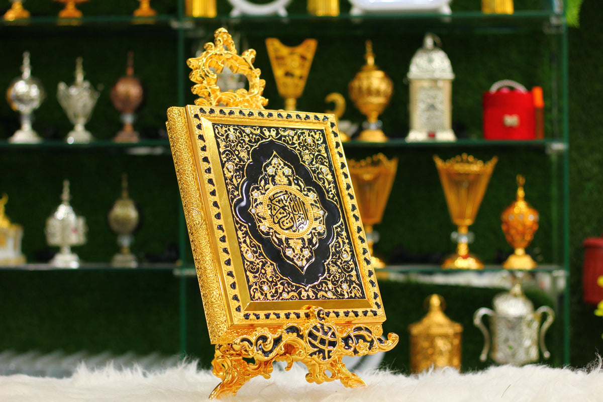 Golden Quran with Metal Calligraphy Box and Metal Stand - Luxury Edition