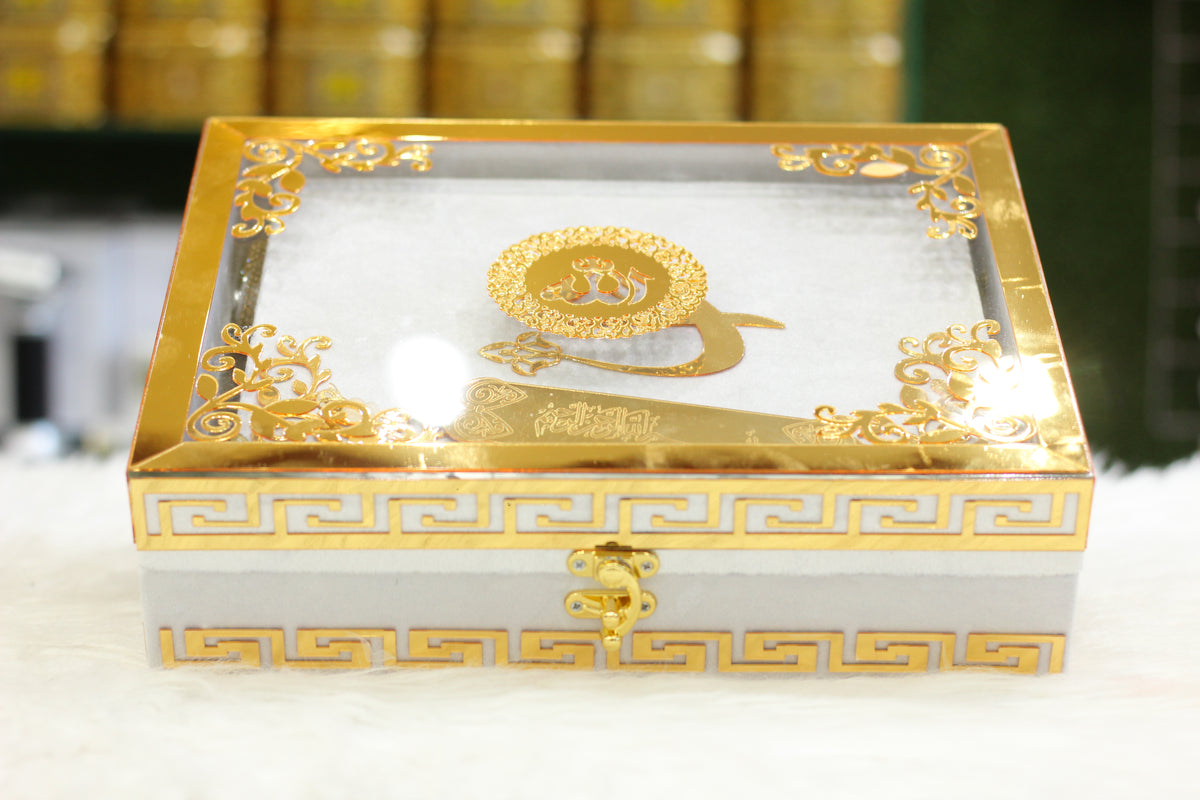 White Acrylic Box Quran Pak with Rehal, Tasbih, and Counter