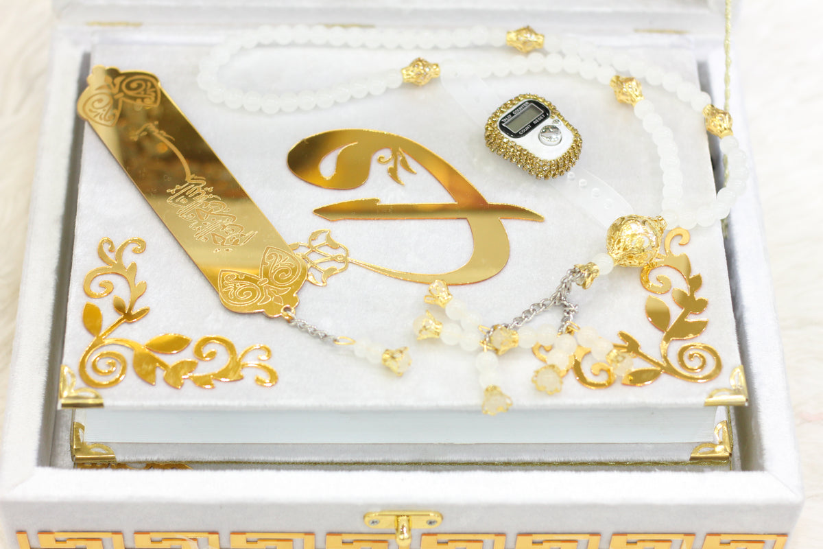 White Acrylic Box Quran Pak with Rehal, Tasbih, and Counter