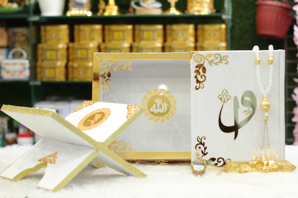 White Acrylic Box Quran Pak with Rehal, Tasbih, and Counter
